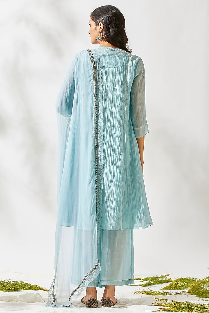 Sky Blue Embroidered Kurta Set For Girls by Devyani Mehrotra - Kids at Pernia's Pop Up Shop