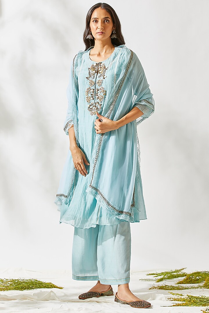 Sky Blue Embroidered Kurta Set For Girls by Devyani Mehrotra - Kids at Pernia's Pop Up Shop