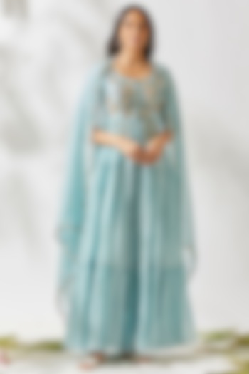 Sky Blue Embroidered Anarkali Set For Girls by Devyani Mehrotra - Kids at Pernia's Pop Up Shop