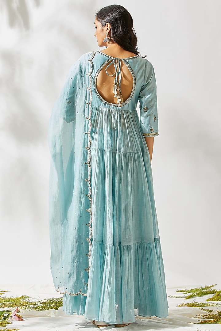 Sky Blue Embroidered Anarkali Set For Girls by Devyani Mehrotra - Kids at Pernia's Pop Up Shop