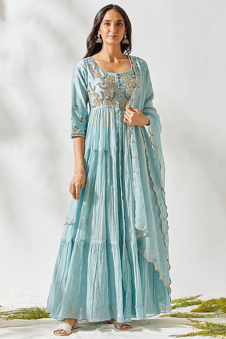 Sky Blue Embroidered Anarkali Set For Girls by Devyani Mehrotra - Kids at Pernia's Pop Up Shop