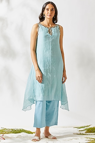 Sky Blue Asymmetric Embroidered Tunic Set For Girls by Devyani Mehrotra - Kids