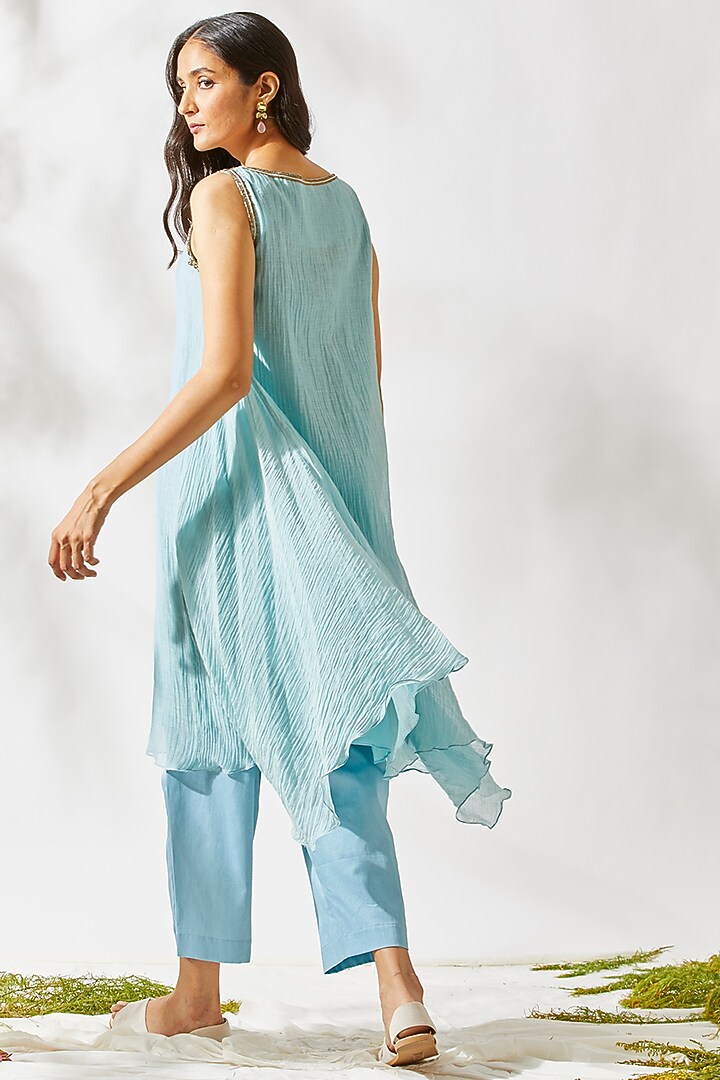 Sky Blue Asymmetric Embroidered Tunic Set For Girls by Devyani Mehrotra - Kids at Pernia's Pop Up Shop