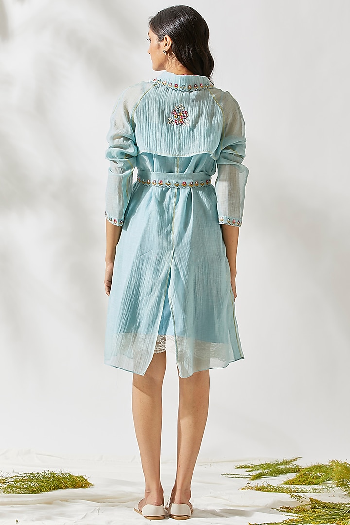 Sky Blue Boho Jacket Dress For Girls by Devyani Mehrotra - Kids at Pernia's Pop Up Shop