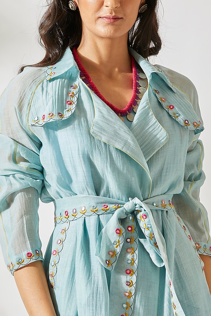 Sky Blue Boho Jacket Dress For Girls by Devyani Mehrotra - Kids at Pernia's Pop Up Shop