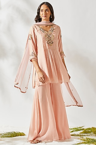 Blush Pink Embroidered Gharara Set For Girls by Devyani Mehrotra - Kids