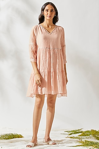 Blush Pink Tiered Boho Dress For Girls by Devyani Mehrotra - Kids