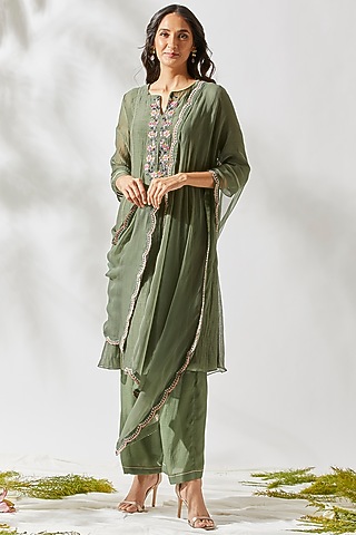 Olive Green Embroidered Kurta Set For Girls by Devyani Mehrotra - Kids