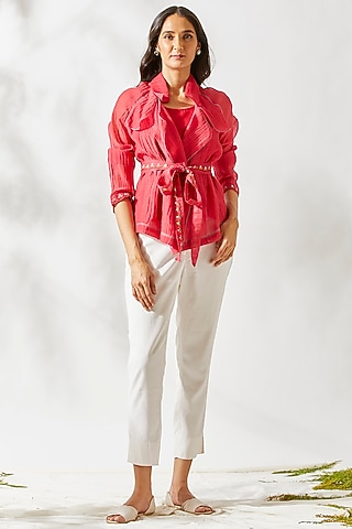 Red Embroidered Top With Belt For Girls by Devyani Mehrotra - Kids