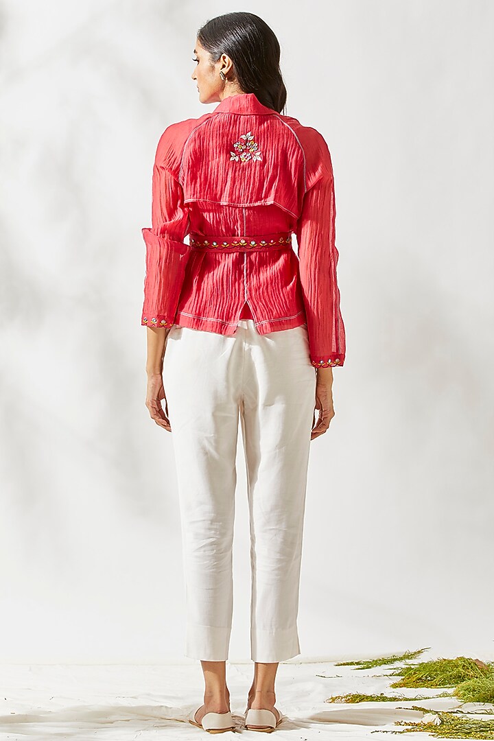 Red Embroidered Top With Belt For Girls by Devyani Mehrotra - Kids at Pernia's Pop Up Shop