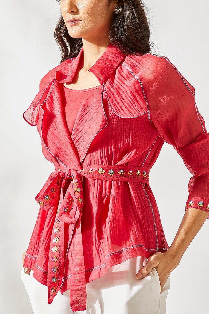 Red Embroidered Top With Belt For Girls by Devyani Mehrotra - Kids at Pernia's Pop Up Shop