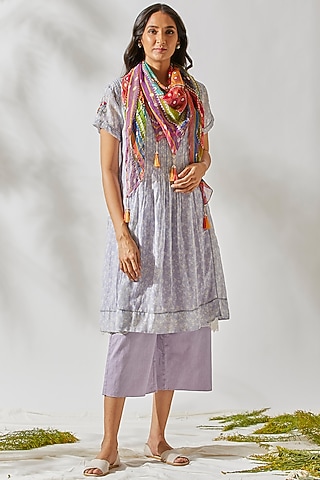 Purple Embroidered Tunic Set For Girls by Devyani Mehrotra - Kids
