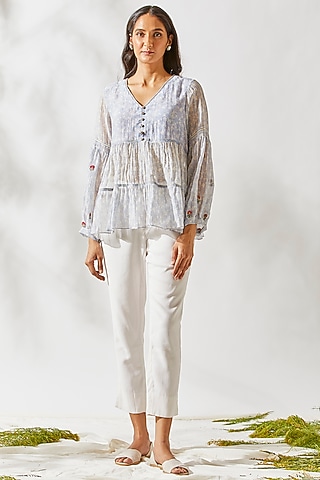 Lavender Mirror Work Top For Girls by Devyani Mehrotra - Kids