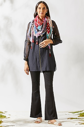 Black Thread Embroidered Top For Girls by Devyani Mehrotra - Kids