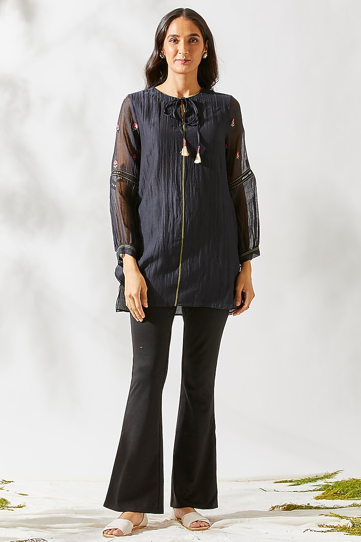 Black Thread Embroidered Top For Girls by Devyani Mehrotra - Kids at Pernia's Pop Up Shop