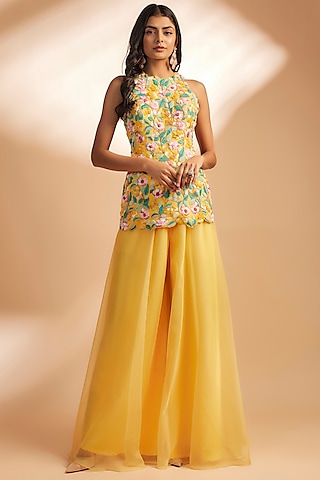 Yellow Silk & Organza Sharara Set by Dinesh Malkani