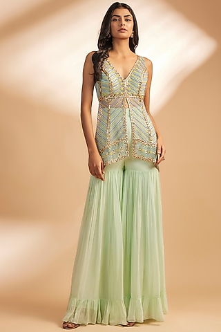 Green Net & Georgette Sharara Set by Dinesh Malkani