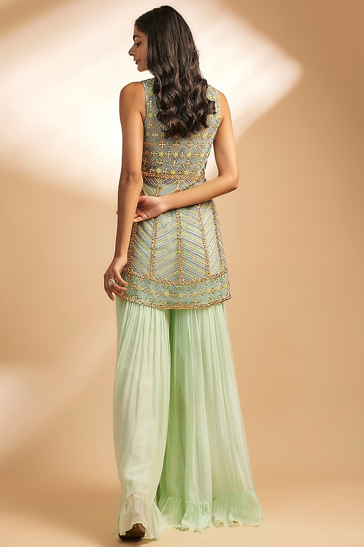 Green Net & Georgette Wedding Sharara Set by Dinesh Malkani at Pernia's Pop Up Shop