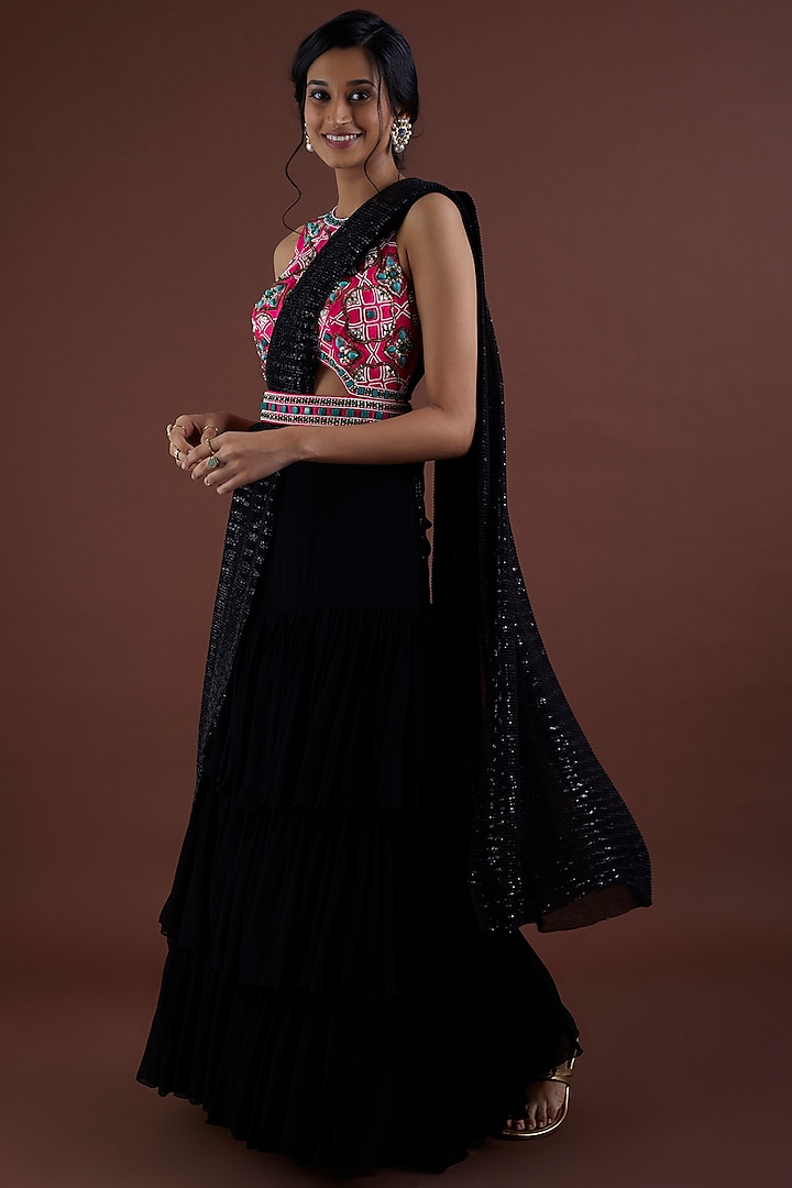 Navy Blue Embroidered Gown Saree by Dinesh Malkani