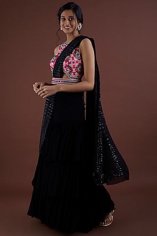 Navy Blue Embroidered Gown Saree by Dinesh Malkani