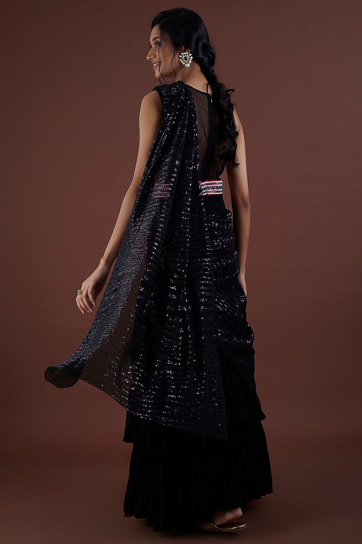 Navy Blue Embroidered Wedding Gown Saree by Dinesh Malkani at Pernia's Pop Up Shop