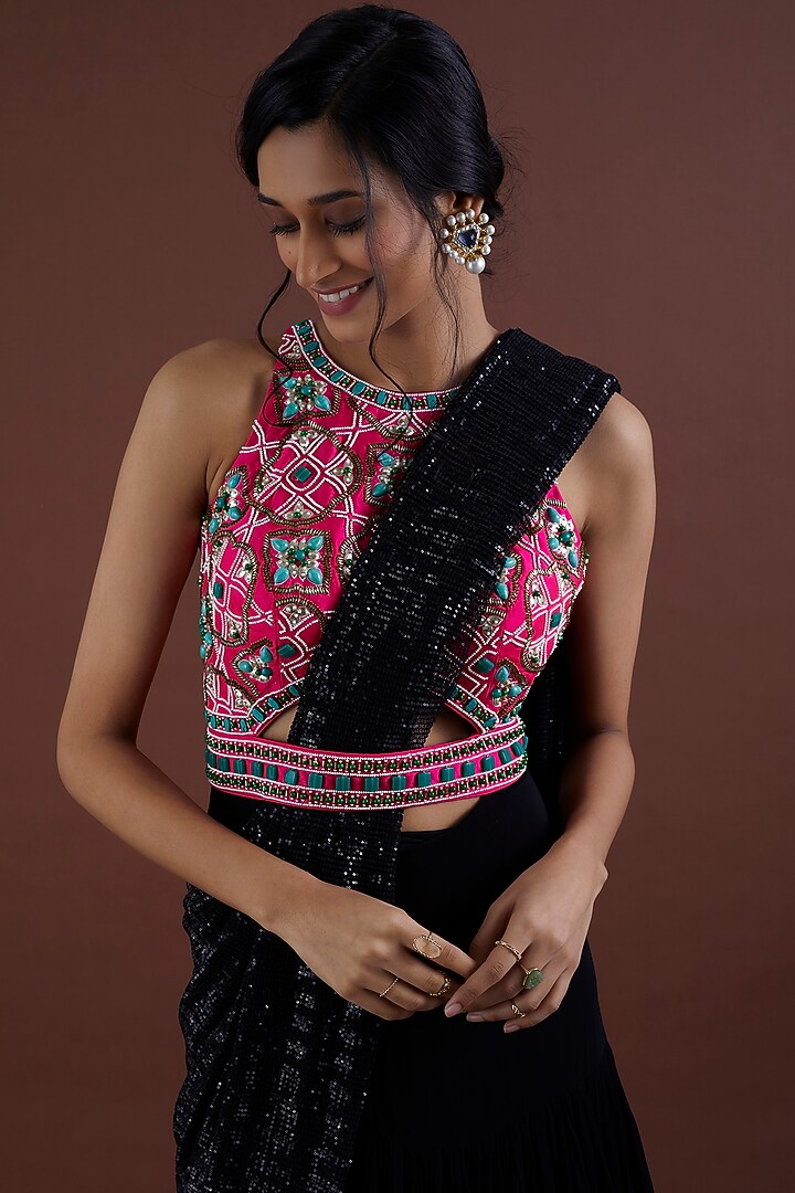 Navy Blue Embroidered Wedding Gown Saree by Dinesh Malkani at Pernia's Pop Up Shop