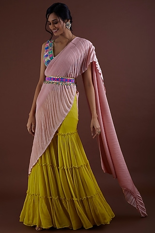 Yellow Viscose Georgette Pant Saree Set by Dinesh Malkani