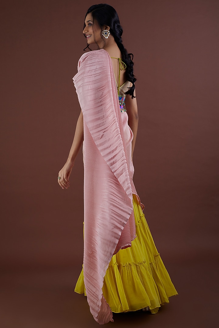 Yellow Viscose Georgette Pant Wedding Saree Set by Dinesh Malkani at Pernia's Pop Up Shop
