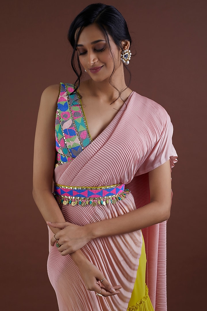 Yellow Viscose Georgette Pant Wedding Saree Set by Dinesh Malkani at Pernia's Pop Up Shop