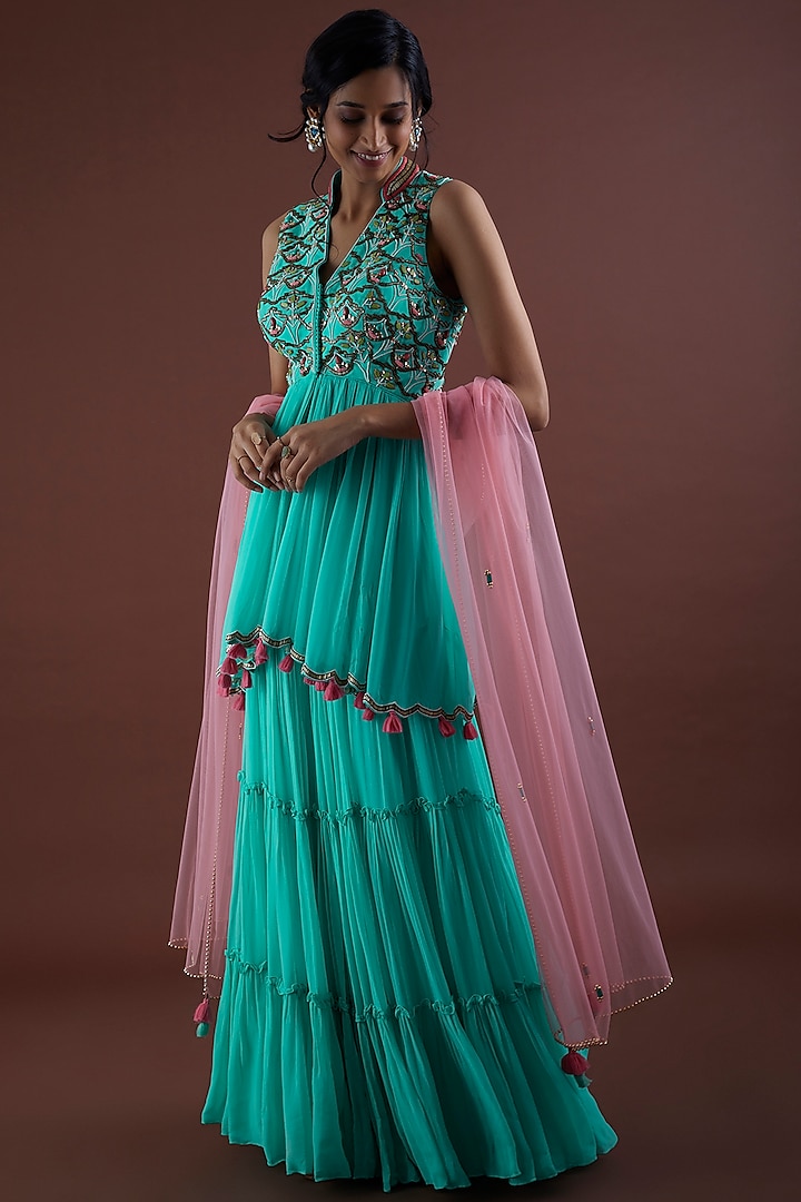 Turquoise Layered Sharara Set by Dinesh Malkani