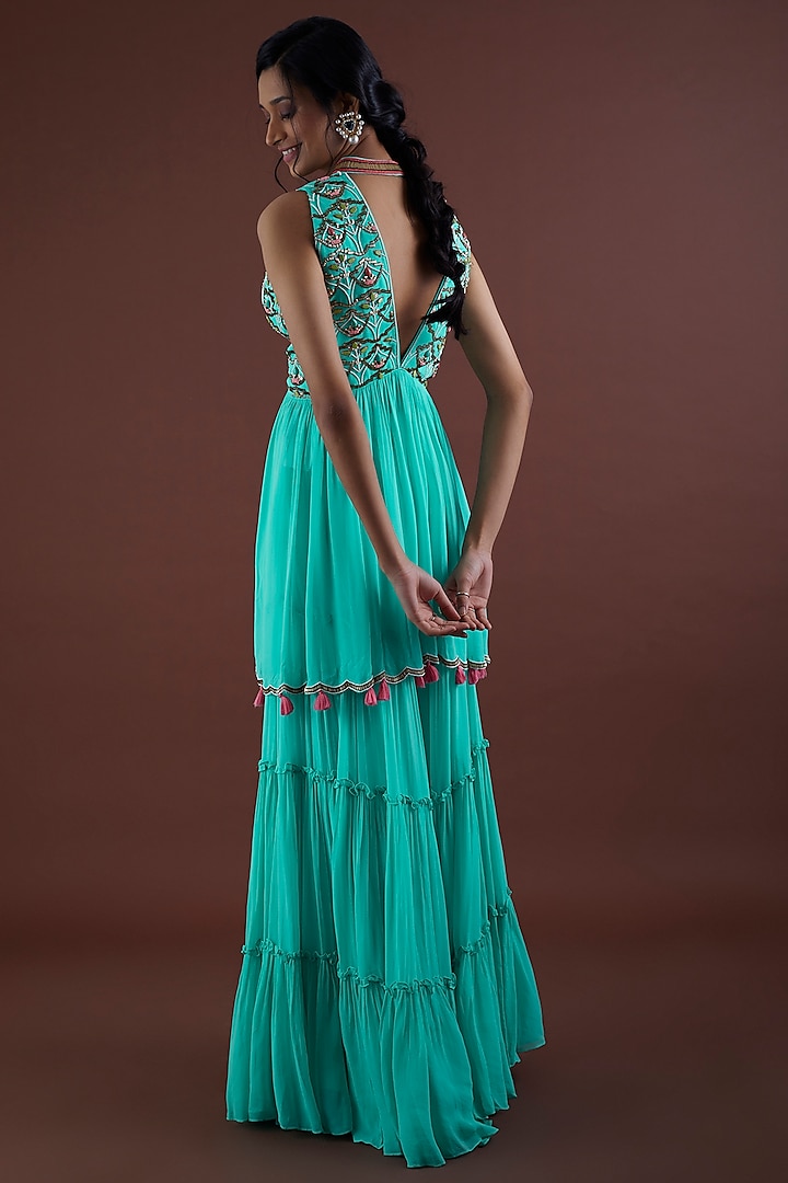Turquoise Layered Wedding Sharara Set by Dinesh Malkani at Pernia's Pop Up Shop