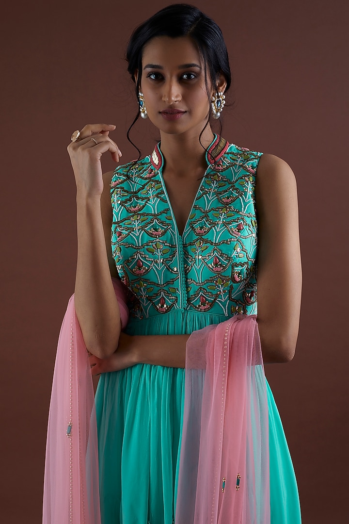 Turquoise Layered Wedding Sharara Set by Dinesh Malkani at Pernia's Pop Up Shop