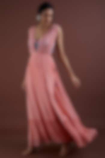 Peach Viscose Georgette Gown by Dinesh Malkani