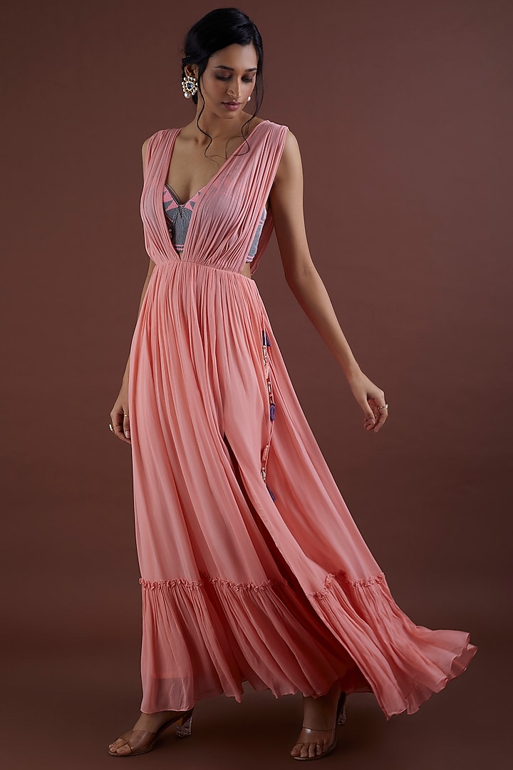 Peach Viscose Georgette Gown by Dinesh Malkani