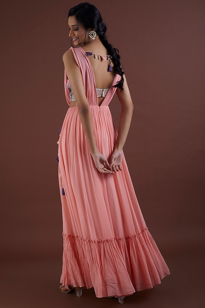 Peach Viscose Georgette Engagement Gown by Dinesh Malkani at Pernia's Pop Up Shop