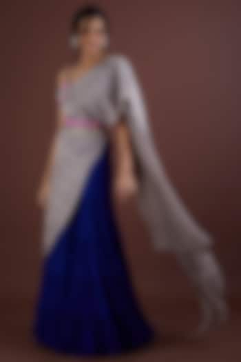 Cobalt Blue Viscose Georgette Flared Pant Saree Set by Dinesh Malkani