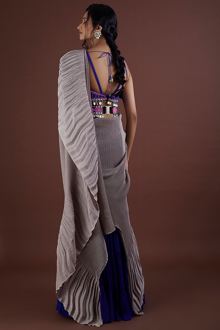 Cobalt Blue Viscose Georgette Flared Pant Wedding Saree Set by Dinesh Malkani at Pernia's Pop Up Shop