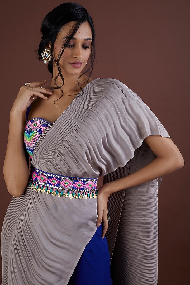 Cobalt Blue Viscose Georgette Flared Pant Wedding Saree Set by Dinesh Malkani at Pernia's Pop Up Shop