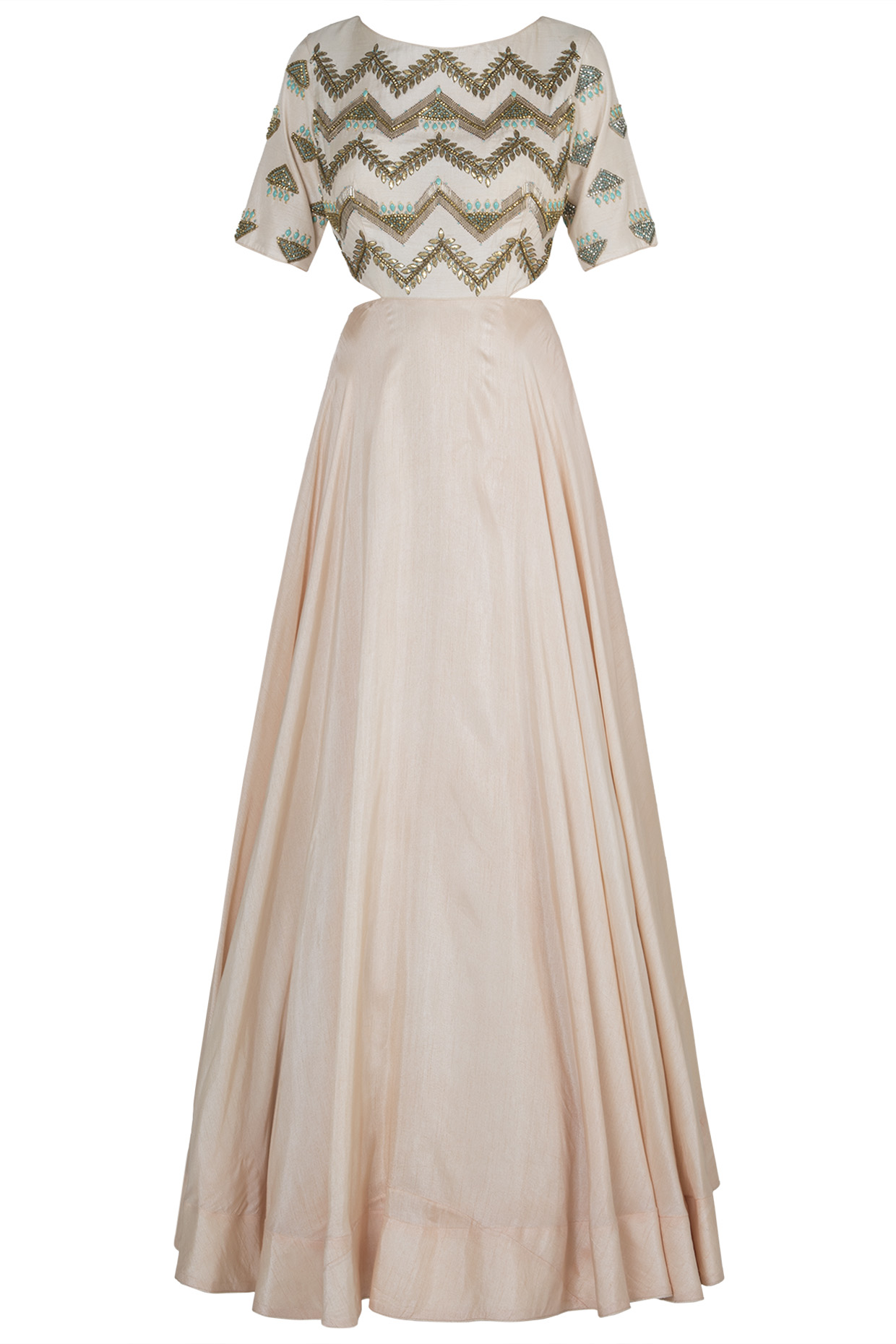 Peach side cut gown by DINESH MALKANI