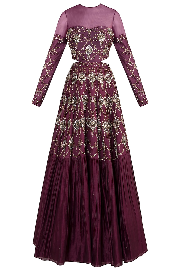 Wine embroidered gown by DINESH MALKANI