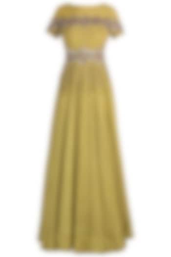 Olive zigzag gown by DINESH MALKANI