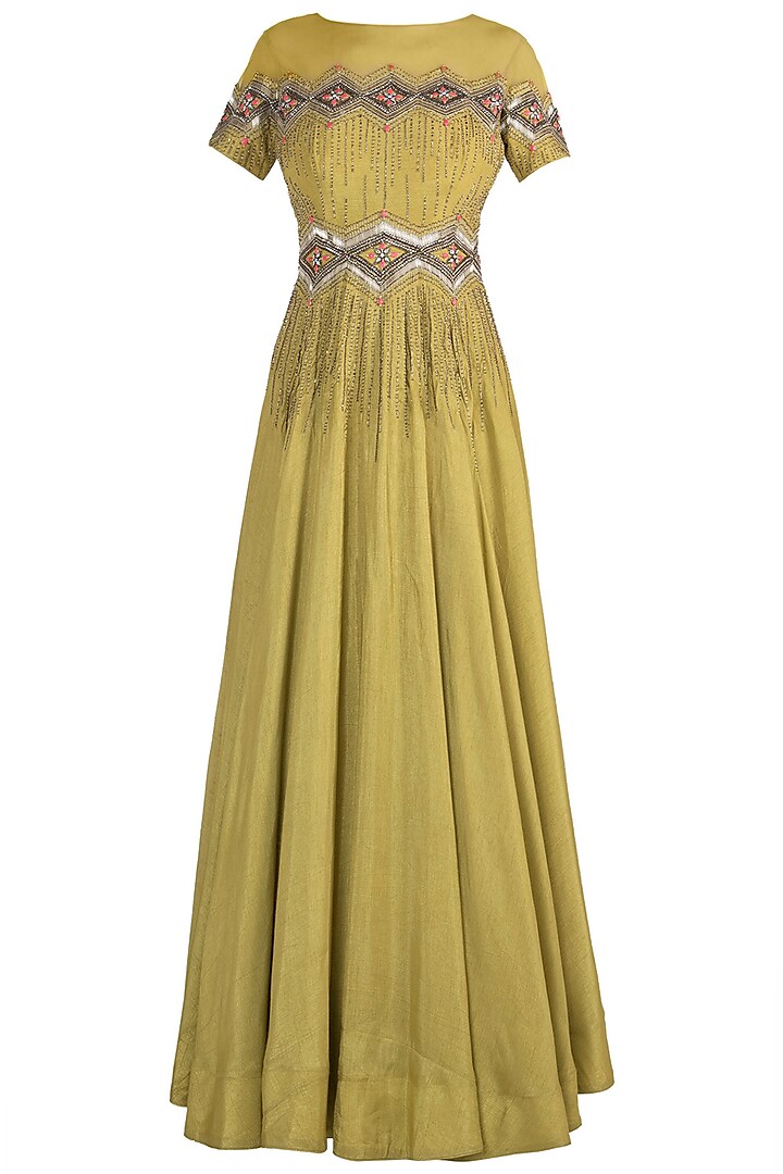 Olive zigzag gown by DINESH MALKANI