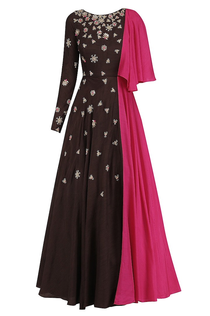 Brown One Shoulder Drape Embroidered Gown by Dinesh Malkani