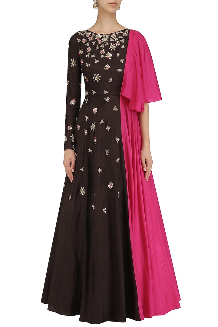 Brown one shoulder drape embroidered gown available only at Pernia's Pop Up Shop.