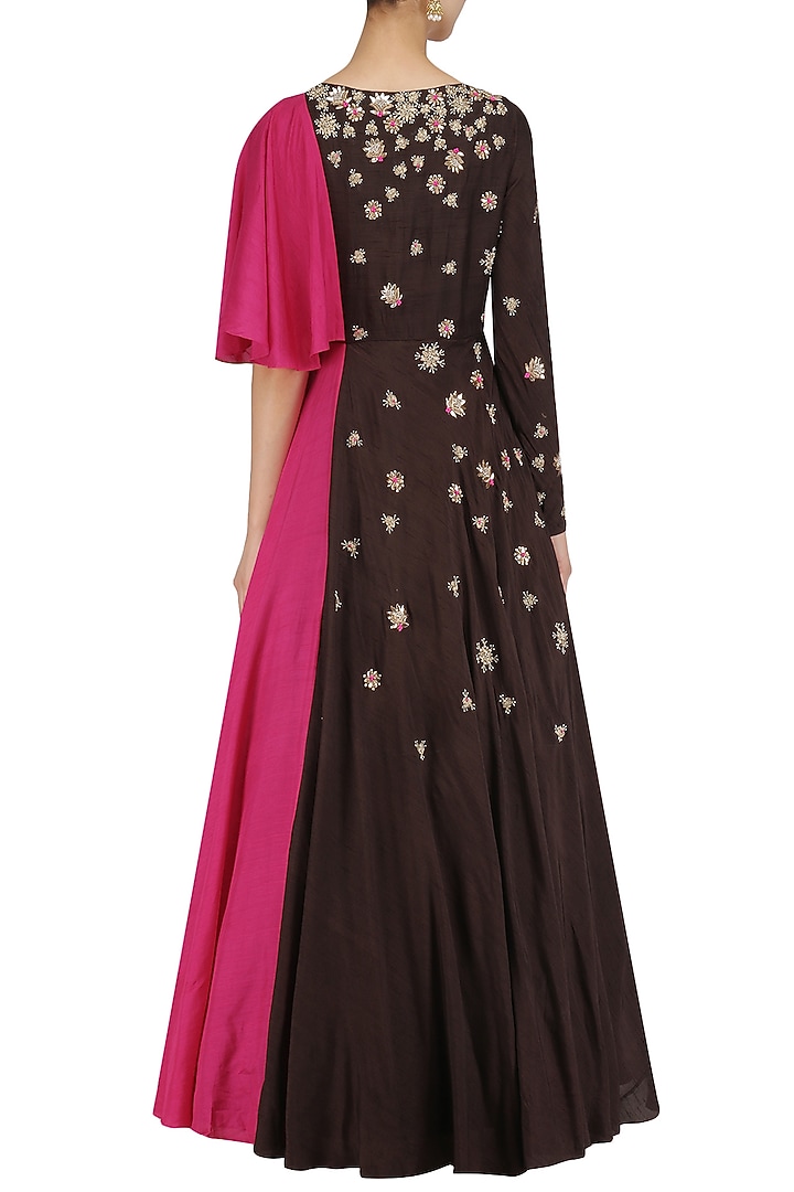 Brown one shoulder drape embroidered gown available only at Pernia's Pop Up Shop.