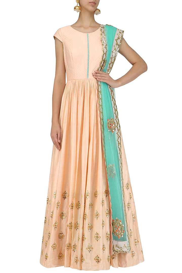 Peach sequins embroidered anarkali set available only at Pernia's Pop Up Shop.