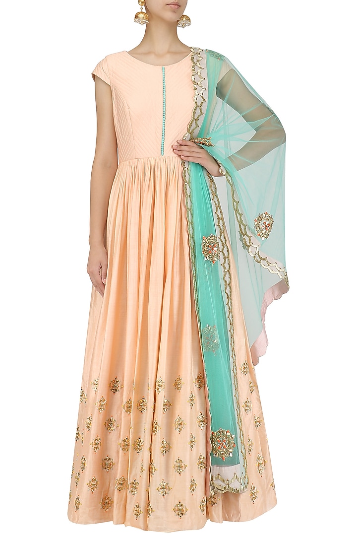 Peach sequins embroidered anarkali set available only at Pernia's Pop Up Shop.