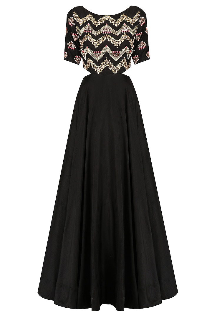 Black and Gold Embroidered Side Cutout Gown by Dinesh Malkani