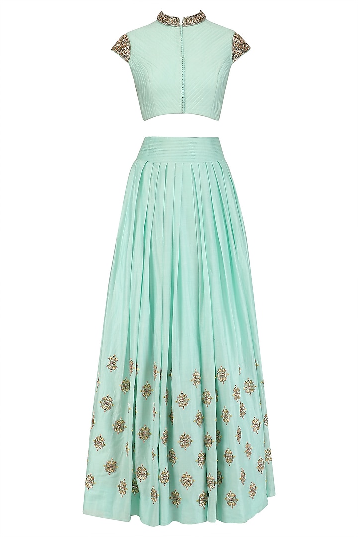 Mint Embroidered Blouse and Flared Skirt Set by Dinesh Malkani