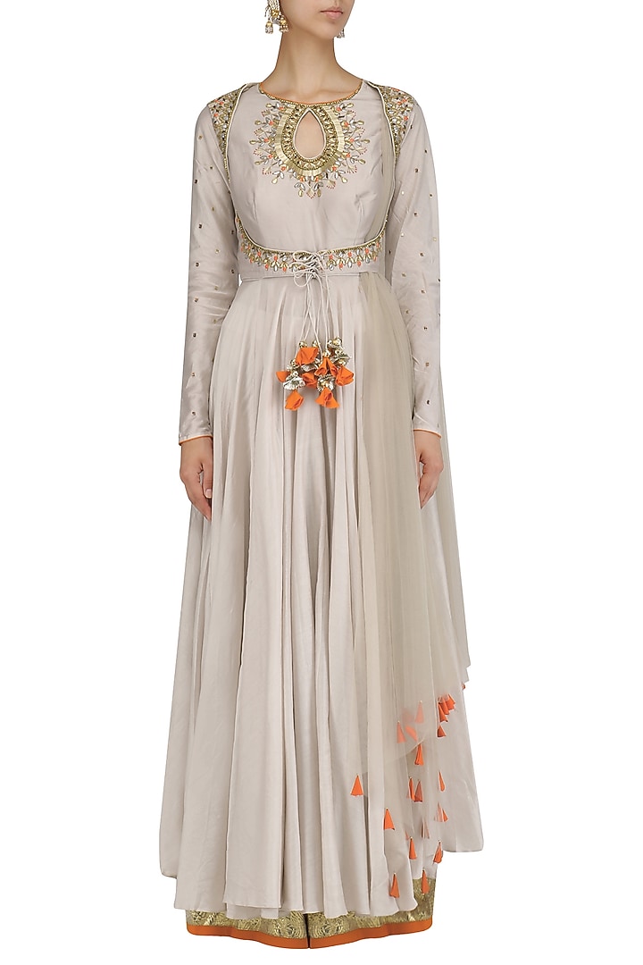 Grey embroidered anarkali and palazzo pants set available only at Pernia's Pop Up Shop.